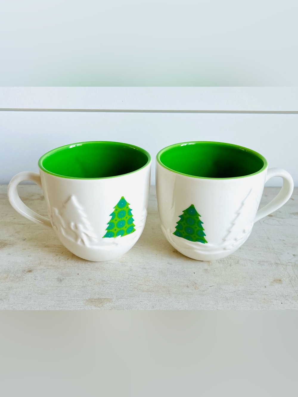 Starbucks Holiday Embossed Mugs White/Green-Xmas Tree/Snowman16 Oz Set of 2